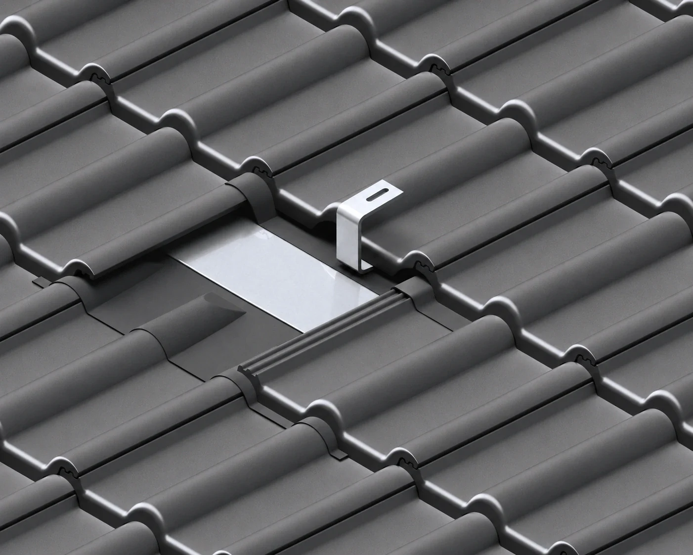 Die CLEVER-TILE ® Ersatzpfanne mit Dachhaken im eingedeckten Dach.
